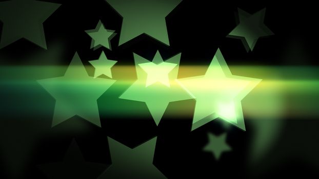 Green star-shaped bokeh with glow and glitter on the black background. Holiday or business or vacation backdrop. 2d illustration.