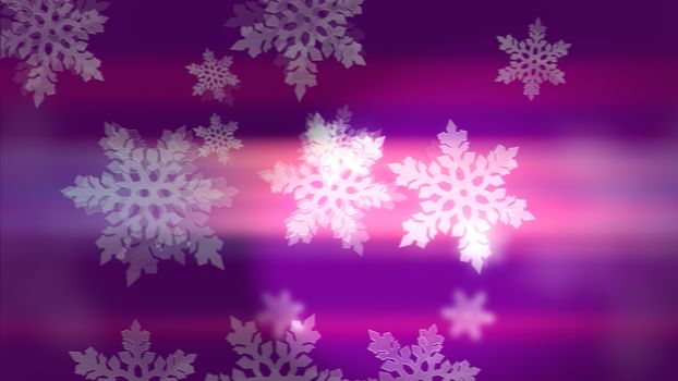 Abstract 3d rendering of bright white winter snowflakes on pink and violet background. Beautiful Merry Christmas and Happy New Year background.