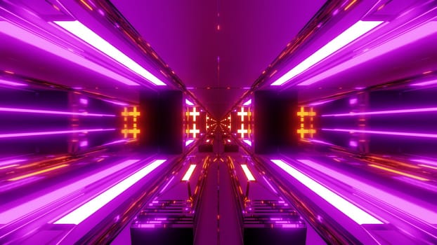 futuristic sci-fi space tunnel corridor with holy glowing christian crosses 3d illustration background wallpaper, future scifi hangar with religion symbol 3d rendering design