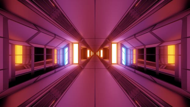 futuristic sci-fi space tunnel corridor with glowing lights and glass windows 3d illustration background wallpaper, endless future scifi art 3d rendering design