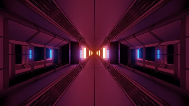 futuristic sci-fi space tunnel corridor with glowing lights and glass windows 3d illustration background wallpaper, endless future scifi art 3d rendering design