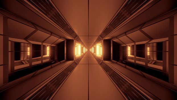 futuristic sci-fi space tunnel corridor with glowing lights and glass windows 3d illustration background wallpaper, endless future scifi art 3d rendering design