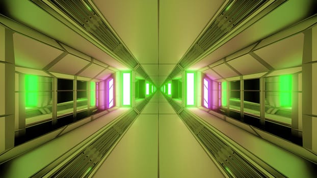 futuristic sci-fi space tunnel corridor with glowing lights and glass windows 3d illustration background wallpaper, endless future scifi art 3d rendering design