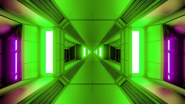 futuristic sci-fi space tunnel corridor with glowing lights and glass windows 3d illustration background wallpaper, endless future scifi art 3d rendering design