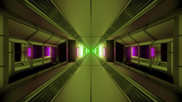 futuristic sci-fi space tunnel corridor with glowing lights and glass windows 3d illustration background wallpaper, endless future scifi art 3d rendering design