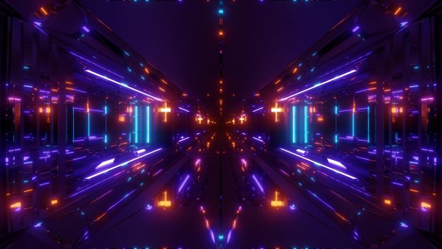 futuristic sci-fi space tunnel corridor with holy glowing christian cross and reflections 3d illustration background wallpaper, future scifi hangar with religion symbol 3d rendering design