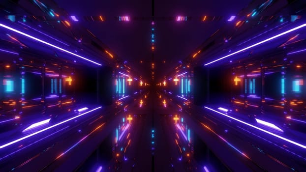 futuristic sci-fi space tunnel corridor with holy glowing christian cross and reflections 3d illustration background wallpaper, future scifi hangar with religion symbol 3d rendering design