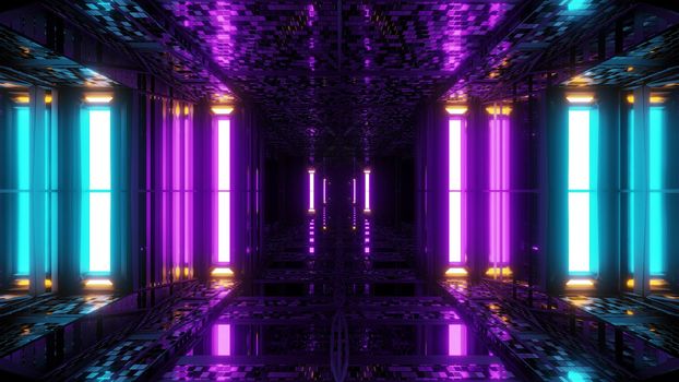 futuristic sci-fi space hangar tunnel corridor with reflective bricks texture 3d illustration background wallpaper, future scifi hangar 3d rendering design