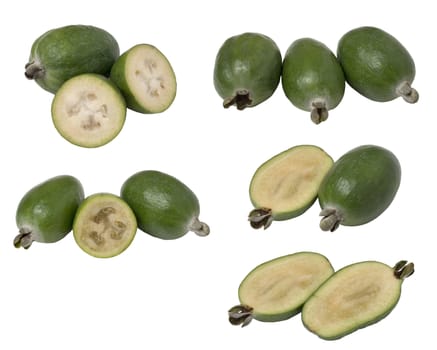 Set tropical fruit feijoa whole and cut in half, isolated on white background.