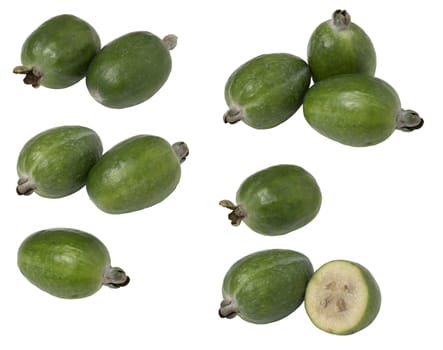 Set tropical fruit feijoa whole and cut in half, isolated on white background.