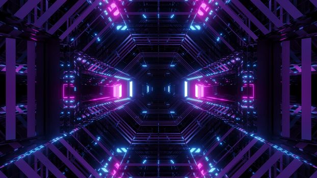 futuristic sci-fi space glass hangar tunnel corridor with wireframe 3d illustration background wallpaper, future scifi hangar 3d rendering design