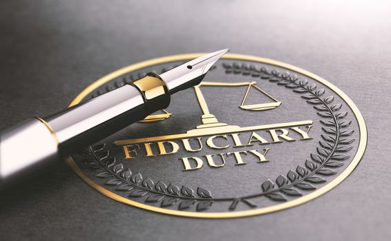 3D illustration of a fountain pen and a golden stamp where it is written the text fiduciary duty. Legal responsibilities concept.