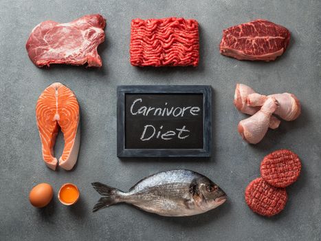 Carnivore diet concept. Raw ingredients for zero carb diet - meat, poultry, fish, seafood, eggs, beef bones for bone broth and words Carnivore Diet on gray stone background. Top view or flat lay.