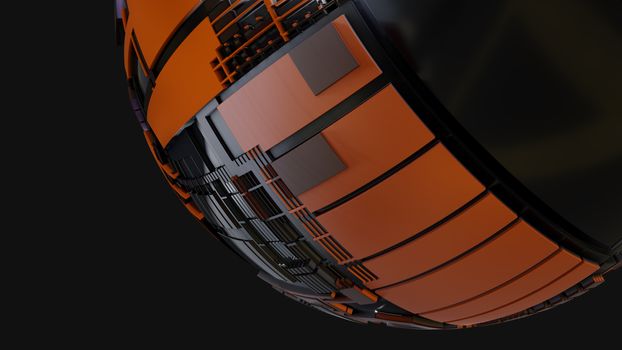 Abstract Hardsurface Sci-Fi Technology Sphere. Space Station Or Spaceship. 3D renderingor 3D illustration. Drak background