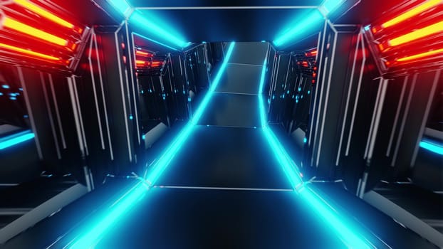 futuristic scifi tunnel corridor 3d illustration with glowing lights and glass windows background wallpaper, future sci-fi room 3d renderinng design