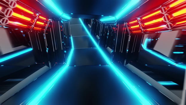 futuristic scifi tunnel corridor 3d illustration with glowing lights and glass windows background wallpaper, future sci-fi room 3d renderinng design