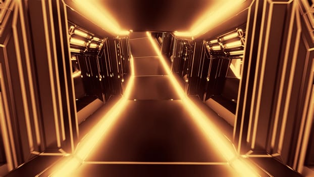 futuristic scifi tunnel corridor 3d illustration with glowing lights and glass windows background wallpaper, future sci-fi room 3d renderinng design