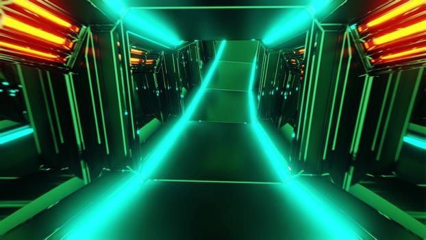 futuristic scifi tunnel corridor 3d illustration with glowing lights and glass windows background wallpaper, future sci-fi room 3d renderinng design