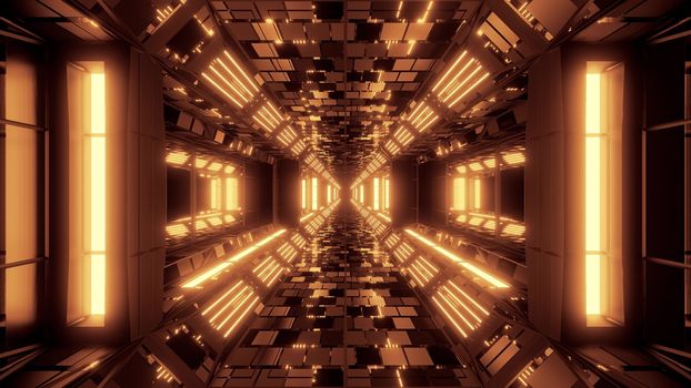 futuristic scifi space hangar tunnel corridor 3d illustration with bricks texture and glass windows background wallpaper, future sci-fi room 3d renderinng design