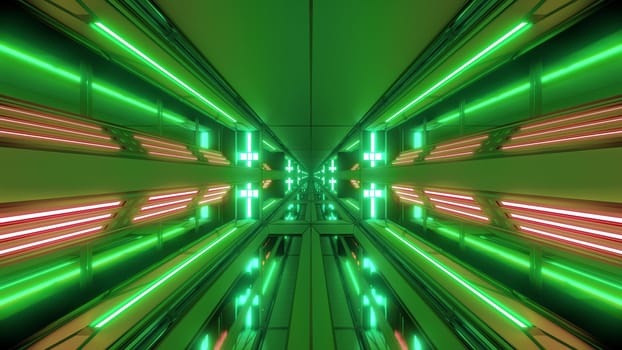 futuristic scifi space hangar tunnel corridor 3d illustration with holy christian cross background wallpaper, future sci-fi room 3d renderinng design