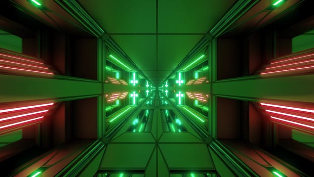 futuristic scifi space hangar tunnel corridor 3d illustration with holy christian cross background wallpaper, future sci-fi room 3d renderinng design