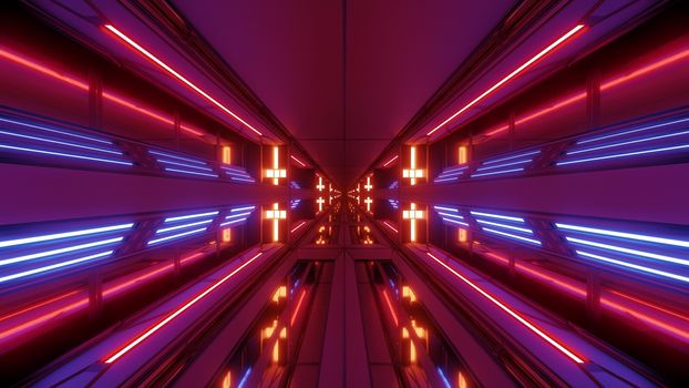 futuristic scifi space hangar tunnel corridor 3d illustration with holy christian cross background wallpaper, future sci-fi room 3d renderinng design