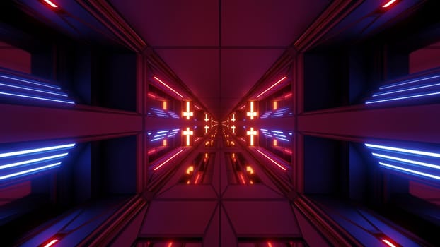 futuristic scifi space hangar tunnel corridor 3d illustration with holy christian cross background wallpaper, future sci-fi room 3d renderinng design