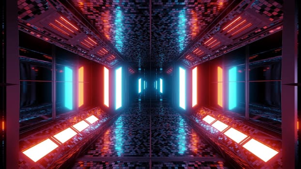 futuristic scifi space hangar tunnel corridor 3d illustration with bricks texture and glowing ´lights background wallpaper, future sci-fi room 3d renderinng design