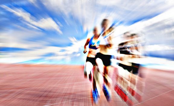 Young female athletes are running on the treadmill on the background of blue sky