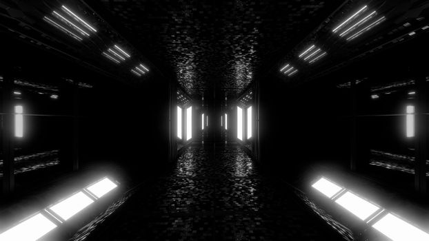 futuristic scifi space hangar tunnel corridor 3d illustration with bricks texture and glowing ´lights background wallpaper, future sci-fi room 3d renderinng design