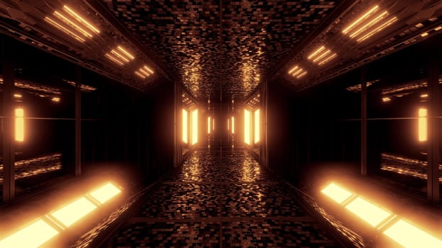 futuristic scifi space hangar tunnel corridor 3d illustration with bricks texture and glowing ´lights background wallpaper, future sci-fi room 3d renderinng design