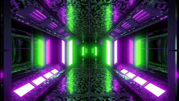 futuristic scifi space hangar tunnel corridor 3d illustration with bricks texture and glowing ´lights background wallpaper, future sci-fi room 3d renderinng design