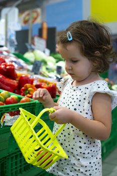Little girl buying tomatoes in supermarket. Child hold small basket in supermarket and select vegetables. Concept for healthy eating for children. 