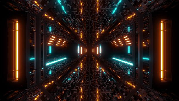 futuristic scifi space hangar tunnel corridor 3d illustration with bricks texture and glowing air conditioning background wallpaper, future sci-fi room 3d renderinng design