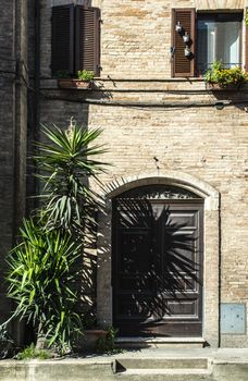 Old typical italian wooden door. Italian house. Ancient house facade. Sunlight. Round door arch. Stone build house. Wrought iron door handles. Green decorative flower.