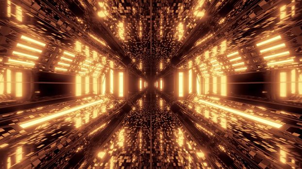 futuristic scifi space hangar tunnel corridor 3d illustration with bricks texture and glowing air conditioning background wallpaper, future sci-fi room 3d renderinng design