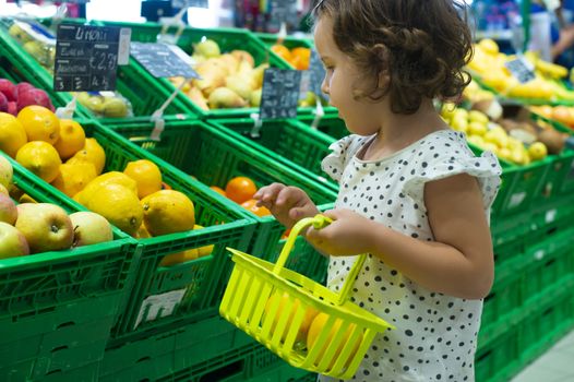 Little girl buying lemons in supermarket. Child hold small basket in supermarket and select citrus fruits. Concept for healthy eating for children. 