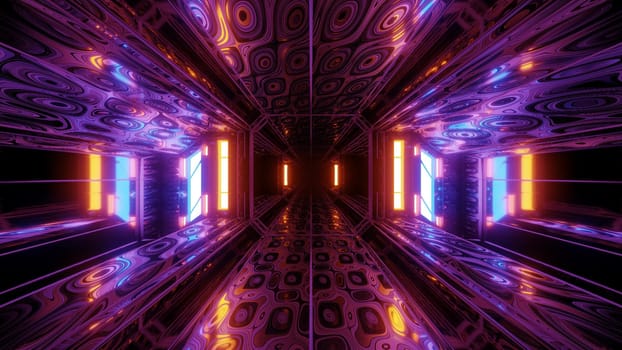 futuristic scifi space hangar tunnel corridor 3d illustration with abstract eye texture background wallpaper, future sci-fi room 3d renderinng design