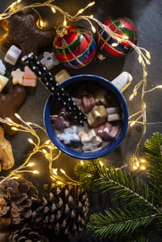 Cup of milk and Marshmallow. Christmas lights and ornaments