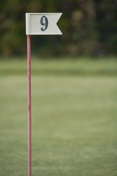 Flag with number 9 used in the sport of golf to mark the hole of the corresponding number.