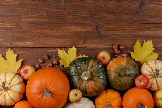 Many pumpkins and maple leaves on dark wooden background, Halloween concept