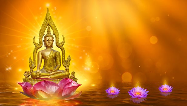 Buddha statue water lotus Buddha standing on lotus flower on orange background