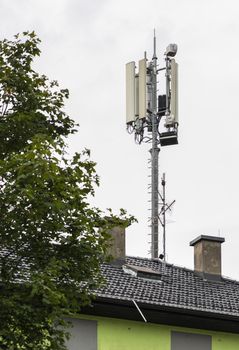 5G antennas on top of house. Antennas and transmitters on roof. High speed mobile internet concept.
