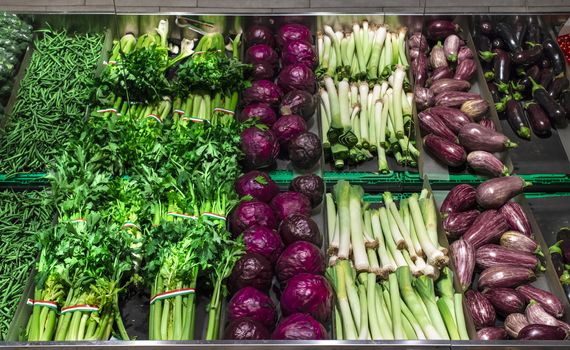 Vegetables on shelf in supermarket. Celery, eggplant, cabbage and beans.