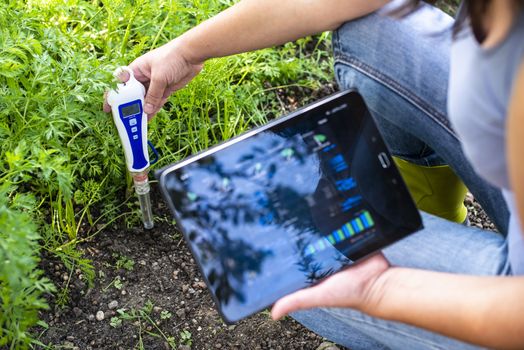 PH meter tester in soil. Measure soil with digital device and tablet. Woman farmer in a garden. Concept for new technology in the agriculture.