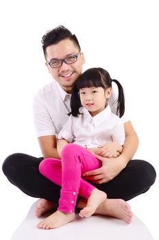 Asian father and his cute little girl isolated on white background