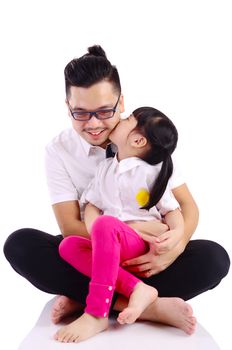 Asian father and his cute little girl isolated on white background