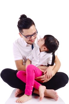 Asian father and his cute little girl isolated on white background