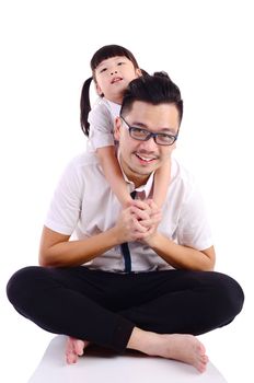 Asian father and his cute little girl isolated on white background