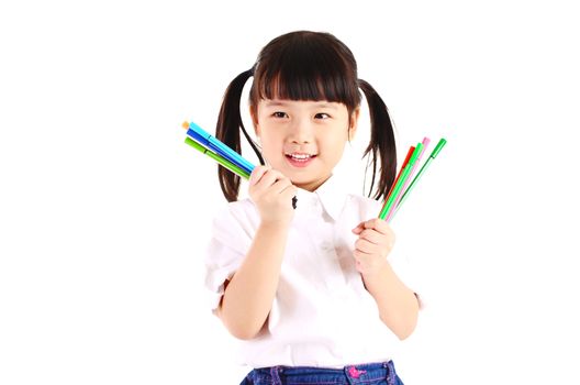 little asian girl holding pencil , isolated on white background. School, education concept.